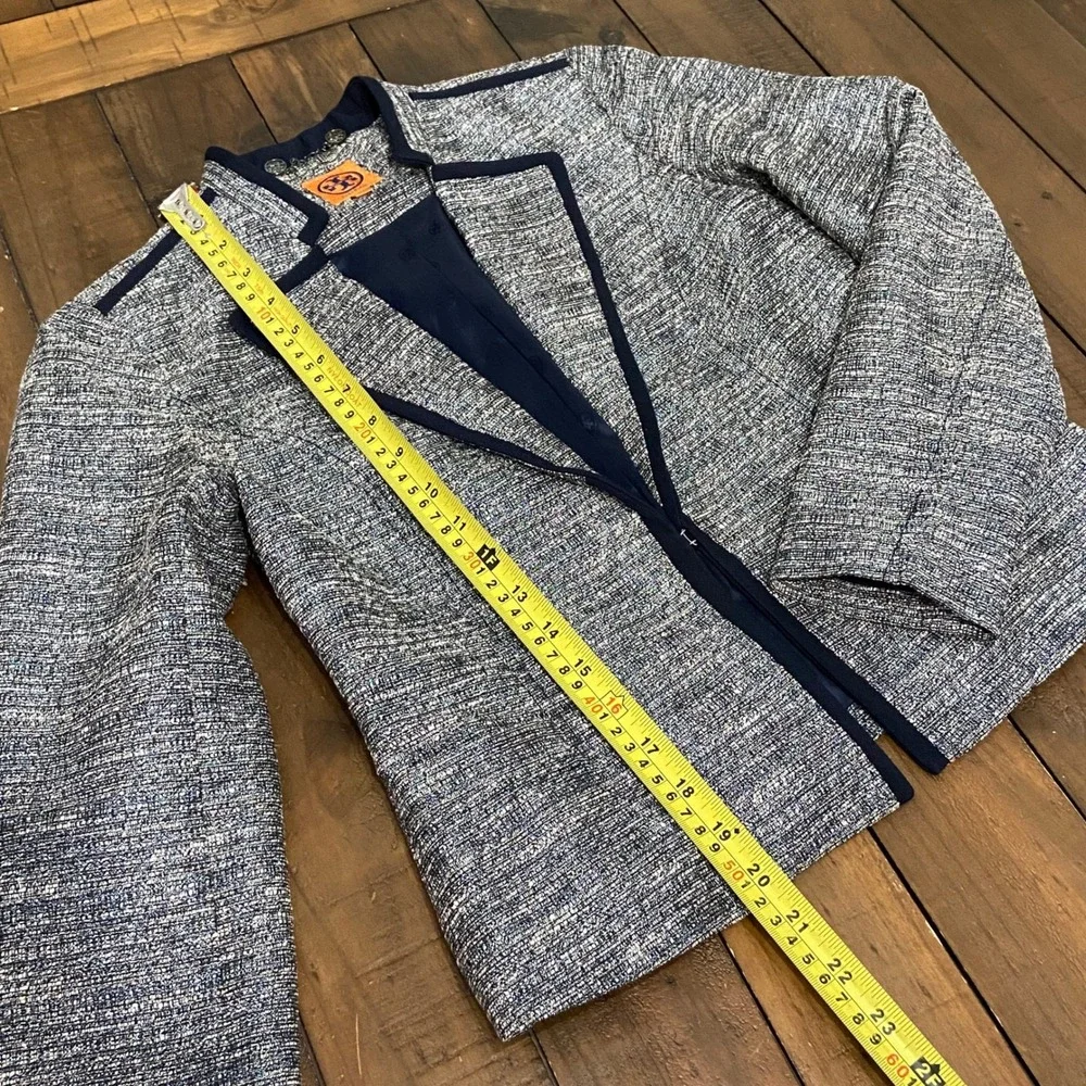 Tory Burch Women Blue Multi Tweed Metallic Trim Blazer Jacket Size 4 Navy Piping